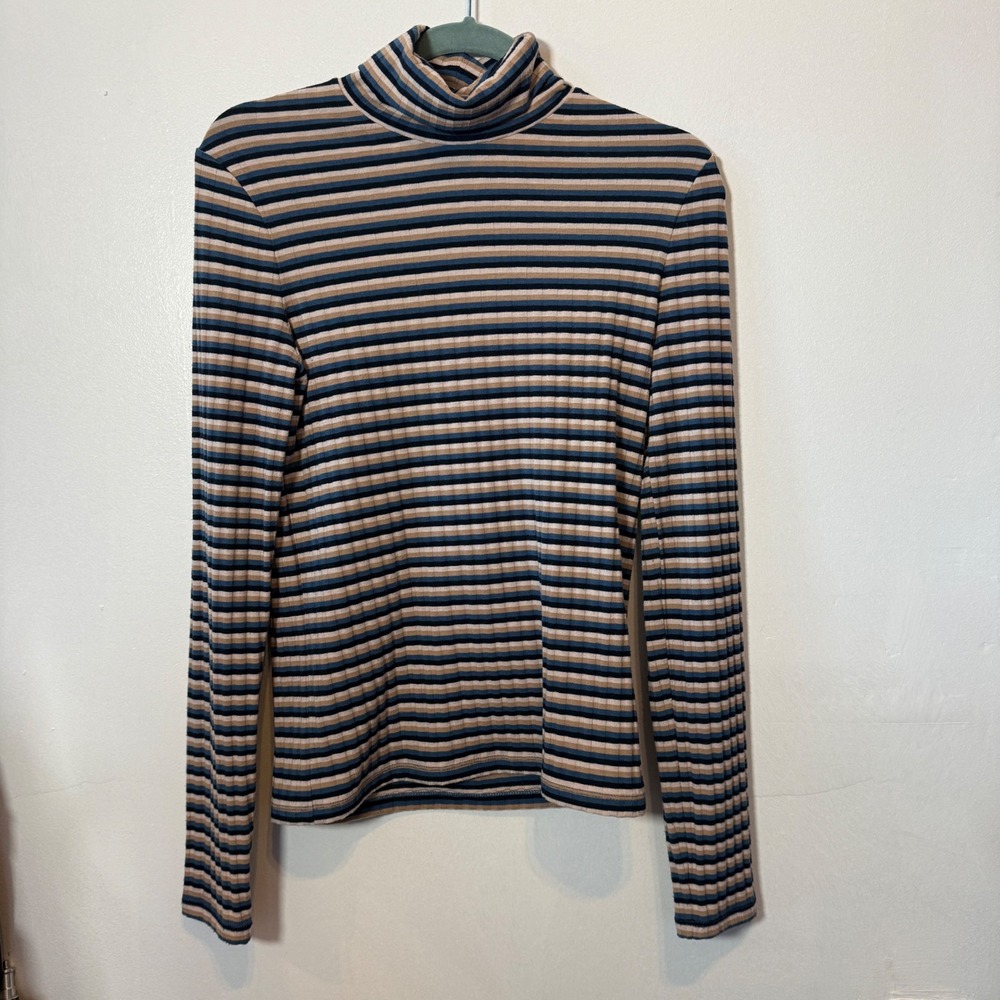Madewell Ribbed Turtleneck Top Blue Tan‎ Striped Long Sleeve Size Medium